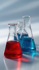 Colorful laboratory beakers with chemical solutions in scientific setting