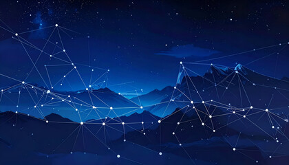 Digital network connection over mountain landscape at night.