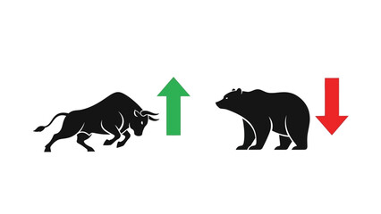 Minimalist flat vector illustration of stock market symbols bear and bull