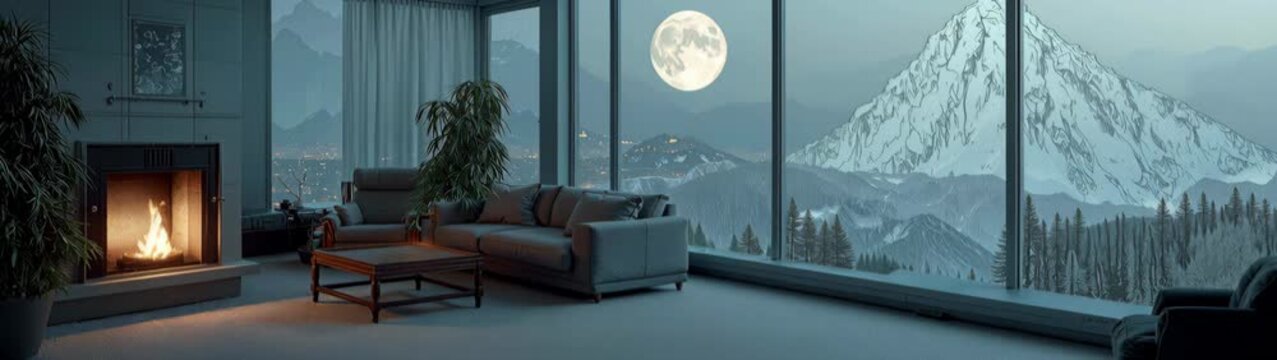 Cozy living room with fireplace overlooking snowy mountain full moon.