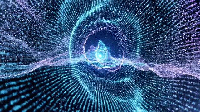 A mesmerizing digital artwork depicting a swirling tunnel of vibrant blue and purple particles