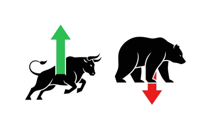 Minimalist flat vector illustration of stock market symbols bear and bull