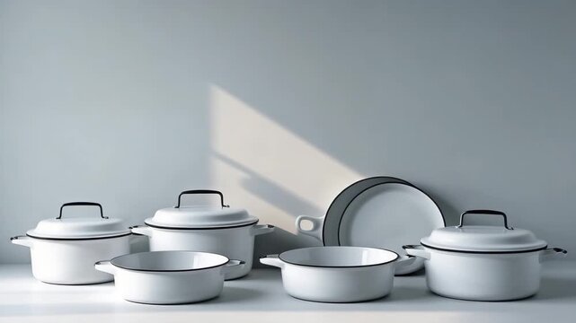 White cooking pots arranged on a table with shadow patterns in a bright kitchen setting during the day