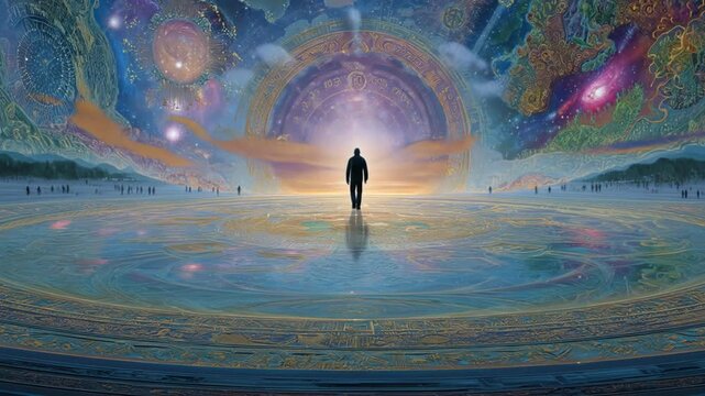 Silhouette walking towards light in a surreal landscape digital composition