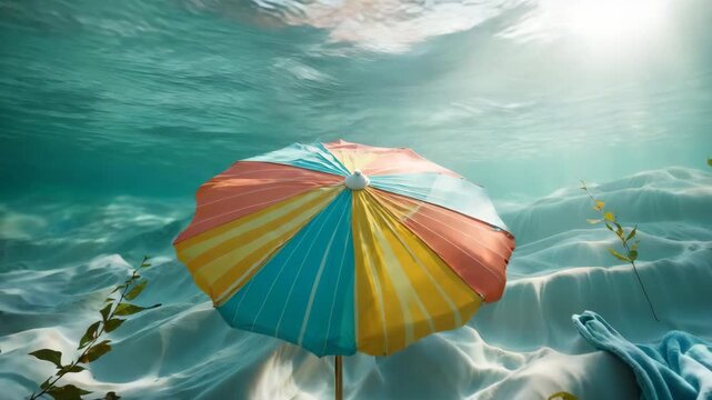 Colorful umbrella stands still on the sandy ocean floor while sunlight beams through the water surface