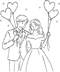 Happy wedding couple holding heart balloons hand drawn doodle vector, romantic bride and groom bridal celebration sketch illustration, love elements