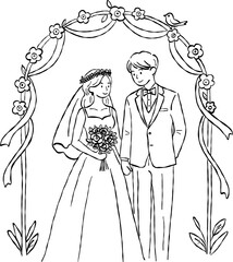 Wedding couple standing under floral arch ceremony hand drawn doodle vector, romantic bride and groom marriage sketch illustration