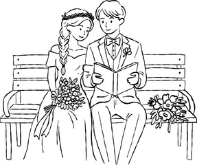 Wedding couple sitting on bench reading book hand drawn doodle vector, romantic bride and groom marriage sketch illustration