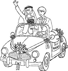 Just married couple in convertible car waving valentine hand drawn doodle vector, romantic bridal getaway auto sketch illustration