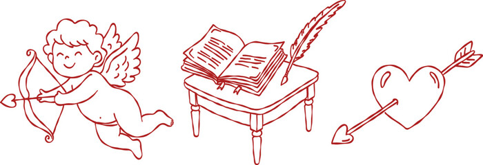 Cute cupid shooting bow and arrow valentine hand drawn doodle vector, romantic love book with quill on table sketch illustration, heart with arrow elements