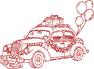 Vintage wedding car with Just Married banner and balloons valentine hand drawn doodle vector, romantic honeymoon travel auto sketch illustration