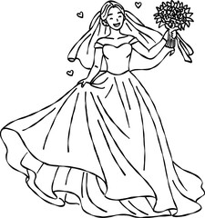 Happy bride in ball gown holding rose bouquet hand drawn doodle vector, elegant wedding dress sketch illustration, minimalist bridal celebration elements