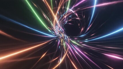 Vivid streaks of multicolored light swirl dynamically against a dark background, creating a captivating and energetic abstract visual perfect for high-tech or futuristic themes.