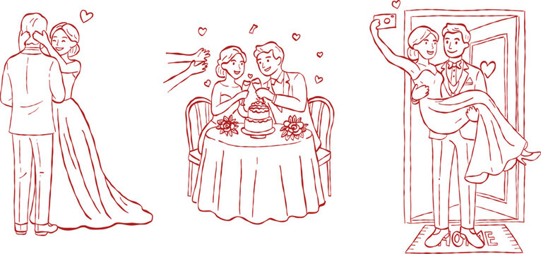 Wedding couple celebration set with bride and groom dinner, carrying bride over threshold, and surprise eyes covered hand drawn doodle vector