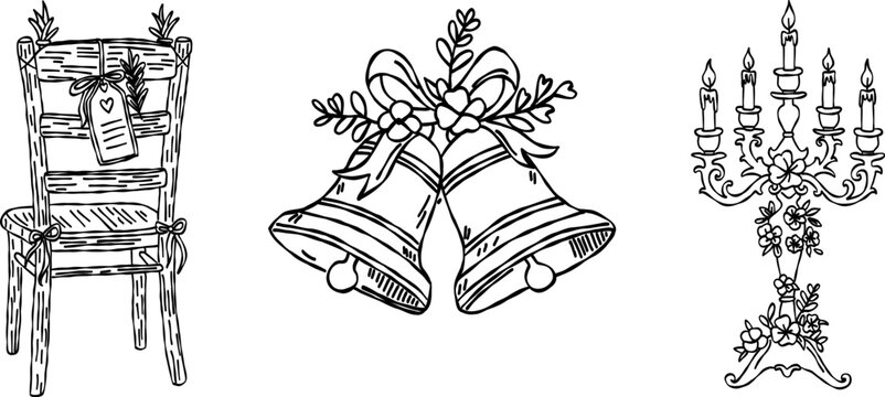 Wedding bells and floral candelabra valentine hand drawn doodle vector, romantic rustic ceremony chair sketch illustration, minimalist love elements