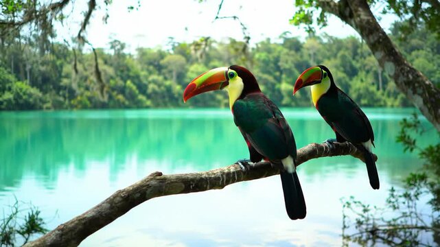Two toucans perched on a branch, overlooking turquoise water and lush rainforest, for travel themes