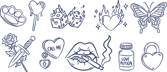 Edgy valentine hand drawn doodle vector with burning heart and butterfly, retro tattoo sketch illustration, minimalist dagger and dice elements for y2k design