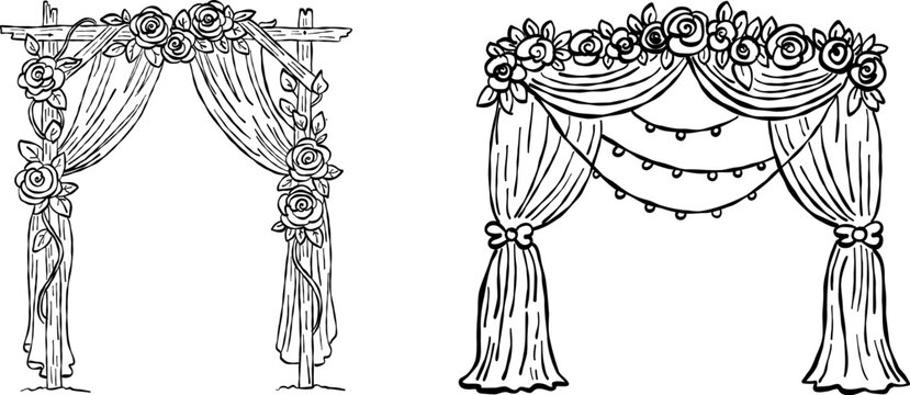 Floral wedding arch and gazebo valentine hand drawn doodle vector, romantic rose altar sketch illustration, minimalist love elements for ceremony decor