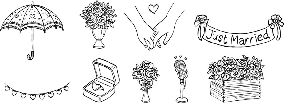 Just Married banner and engagement ring valentine hand drawn doodle vector, cute wedding umbrella and rose bouquet sketch illustration, minimalist love elements