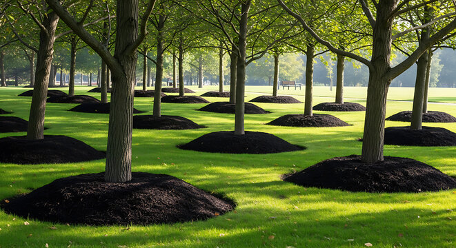 Trees with mulch around them in a well-manicured green park landscape