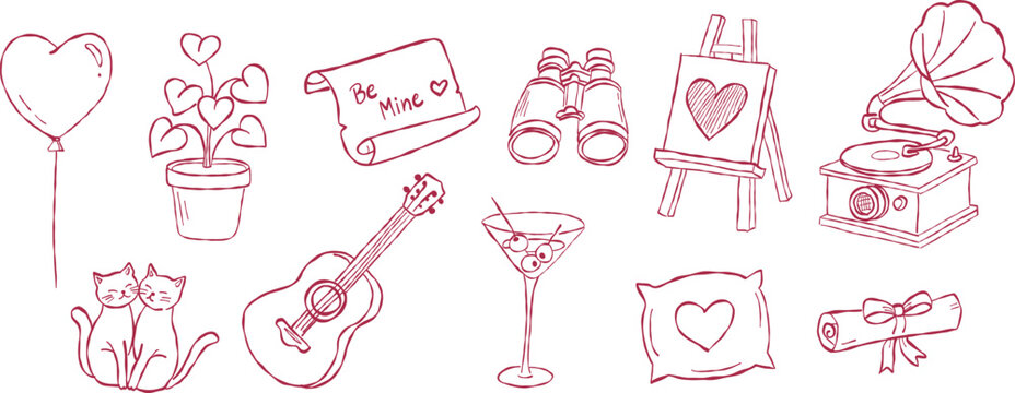 Cute cats and acoustic guitar valentine hand drawn doodle vector, pink romantic binoculars and easels sketch illustration, minimalist love elements for decor