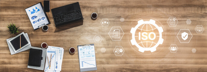 Concept of ISO certification for business quality management. This international standard ensures...