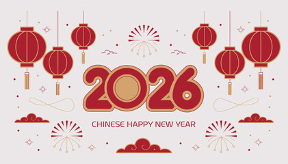 Naklejka premium 2026 Chinese Happy New Year Celebration Background with Red Lanterns, Clouds, and Fireworks Vector Illustration