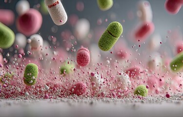 Capsules, granules scatter. Pink, green, white pills fly