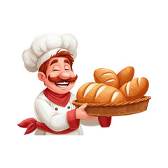 A cheerful cartoon baker with a mustache holding a basket of fresh bread.