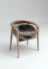 Wood chair with furry gray cushion on neutral background