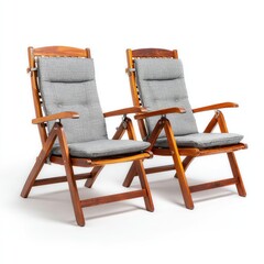 Two wooden folding chairs with grey cushions, white background