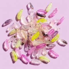 Bright, translucent gummy worms scattered on a pink surface