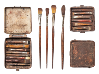 An Artistic Collection of Vintage Paint Brushes Displayed with Well-Worn Cases, Showcasing Their Rich Texture and Timeless Beauty, png, isolated on transparent background