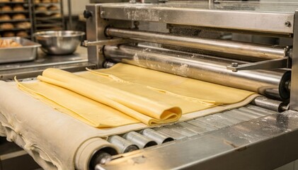 Industrial pastry machine folding dough and butter meticulously to form even laminated layers for buttery Danish pastries in a commercial kitchen.