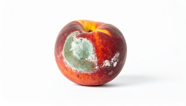 Rotten peach with mold on white background shows the effects of decay and spoilage over time in fruit storage