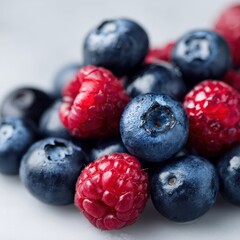 Fresh blueberries and raspberries on a light background for health and nutrition