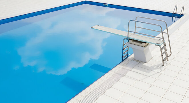Serene swimming pool with diving board and ladder on a white tiled floor reflecting cloudy sky