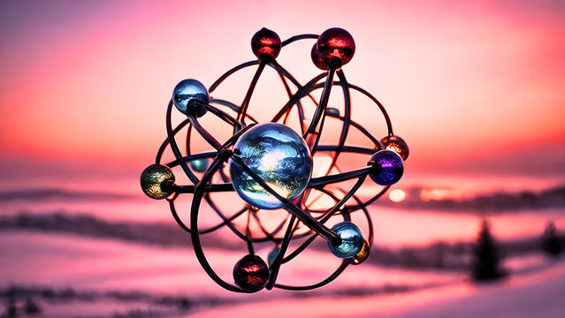 Vibrant atom model at sunset with colorful orbs and snowy landscape - Powered by Adobe