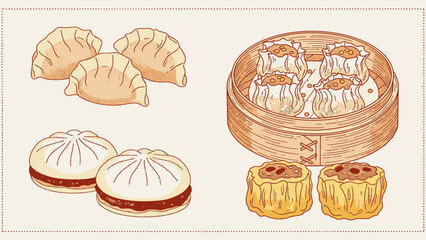 Vector Dim Sum Sketch Illustration &ndash; Vintage Dumplings & BBQ Pork Bun Line Art