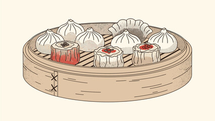 Vector Dim Sum Sketch Illustration &ndash; Vintage Dumplings & BBQ Pork Bun Line Art