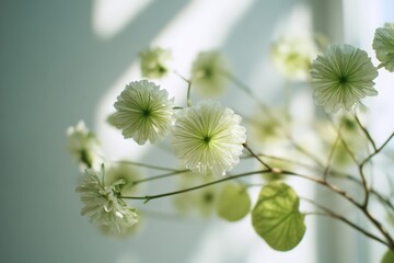 Delicate green flower arrangement with soft lighting and minimalist aesthetic