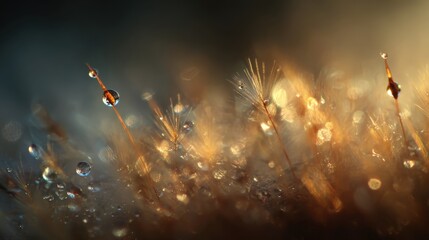 Close up view of dew drops on grass blades with a warm glow