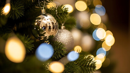 Close-up of a decorated Christmas tree with shimmering ornaments and festive bokeh lights