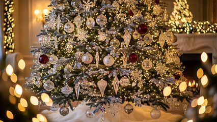 Sparkling Christmas Tree Beautifully Decorated with Festive Ornaments and Warm Lights, Radiating a Cozy Holiday Spirit in an Elegant Winter Setting