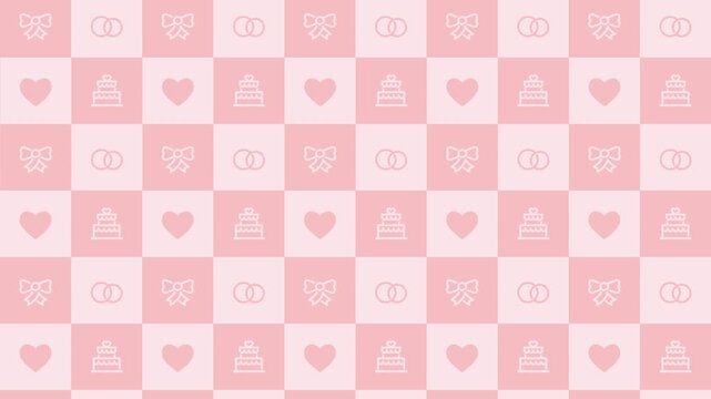Pink and white wedding theme with hearts, cakes, rings, and bows