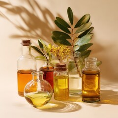 Assorted glass bottles with natural oils and greenery on soft background