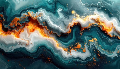 Luxury Abstract Marble & Fluid Stone Collection – White Calacatta Marble with Gold Veins and Ultra-Detailed Teal, Emerald, and Orange Agate Flow Textures, Premium Decorative Surfaces for Interior Desi