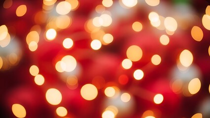 Abstract christmas light background with soft golden lights on red backdrop