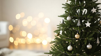 Beautifully decorated artificial Christmas tree with various ornaments, baubles, and twinkling lights, creating a warm, cozy, and festive holiday atmosphere indoors