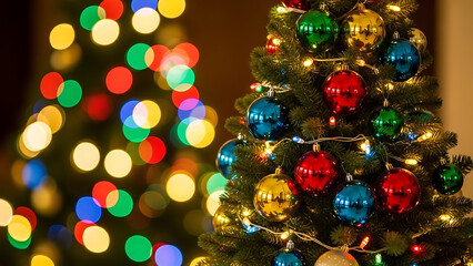 Close-up of beautifully decorated festive trees adorned with an array of colorful lights and shimmering baubles, evoking a cheerful and magical holiday spirit